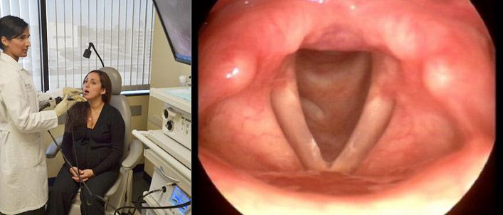 Figure 2: Laryngologist performing stroboscopy on a patient (left). Stroboscopy image of the larynx and vocal cords (right).