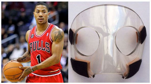 Figure 1: Derrick Rose sustained an orbital fracture and will have to wear a protective mask (right) temporarily on his return to the NBA.